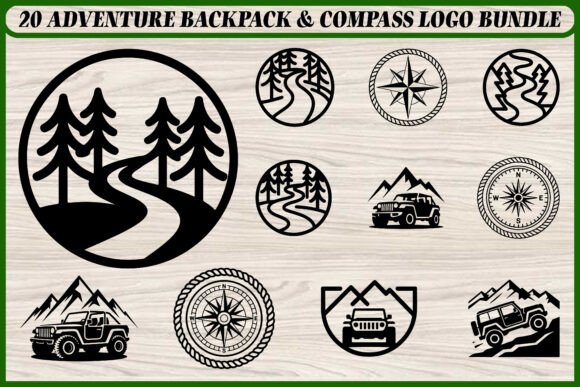 20 Adventure Backpack Compass Logo Set: Graphics & Illustrations