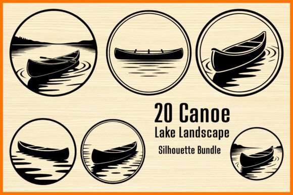 20 Canoe Lake Landscape Silhouette Set