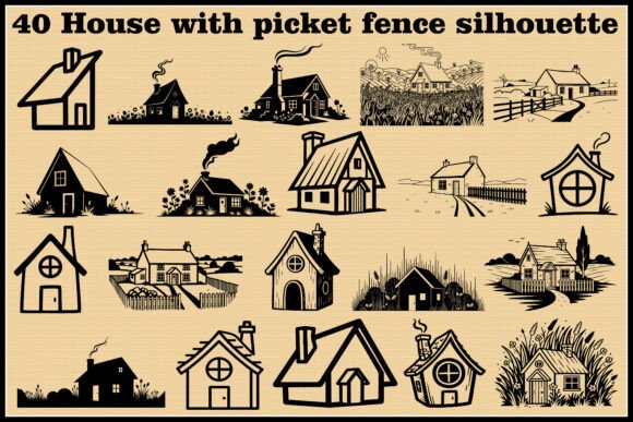 40 House with Picket Fence Silhouettes: Graphics & Illustrations