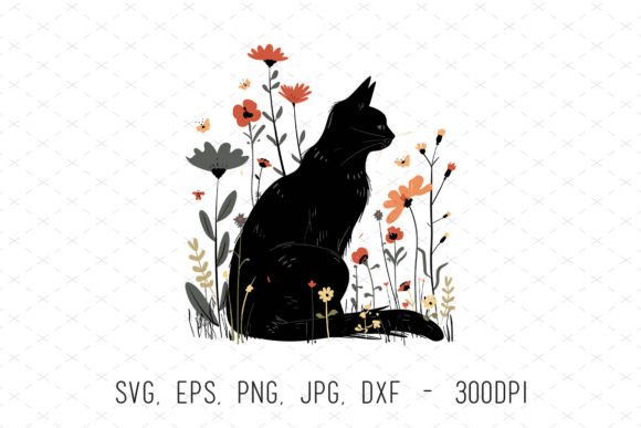 Cute Black Cat Floral SVG Vector Clipart