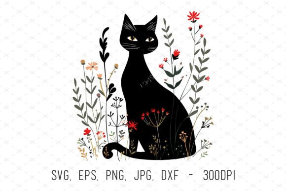 Cute Black Cat Floral Vector Clipart: Graphics & Illustrations