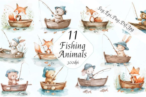Cute Fishing Animals Baby Kids Clipart
