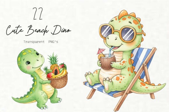 Cute Watercolor Beach Dino Clipart: Graphics & Illustrations for Handmade Joy