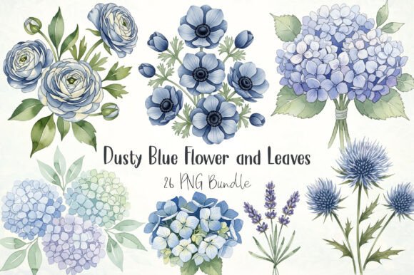 Dusty Blue Flower and Leaves Clipart Set: Graphics & Illustrations for Editorial Polish