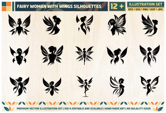 Fairy Woman Wings Silhouette SVG Bundle: Graphics & Illustrations for Editorial Magic