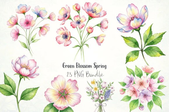 Green Blossom Spring Clipart: Graphics & Illustrations for Handmade Brands