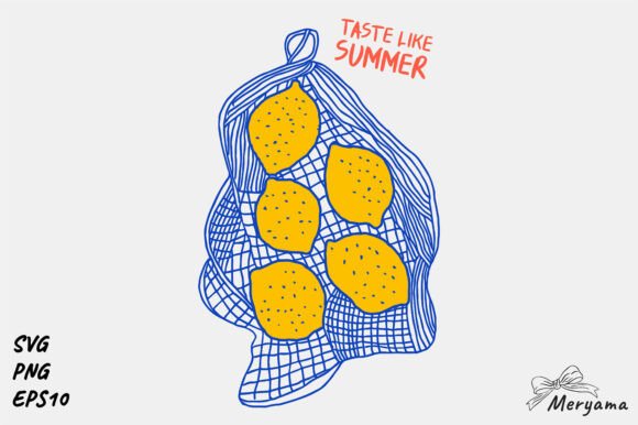 Hand Drawn Lemon in Mesh Bag Summer PNG: Illustrations & Graphics