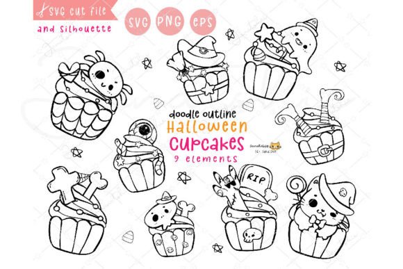 Kawaii Halloween Cupcake Outline SVG: Graphics & Illustrations