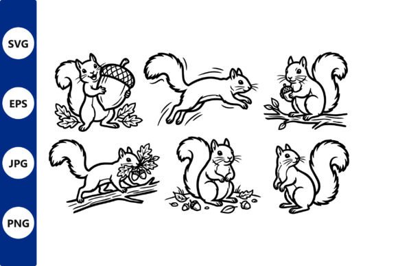 Line Art Squirrels in Acorn Poses: Graphics & Illustrations