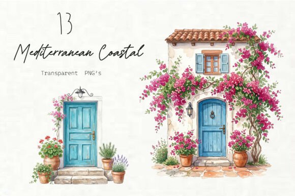 Mediterranean Coastal Clipart PNG Set: Illustrations & Graphics