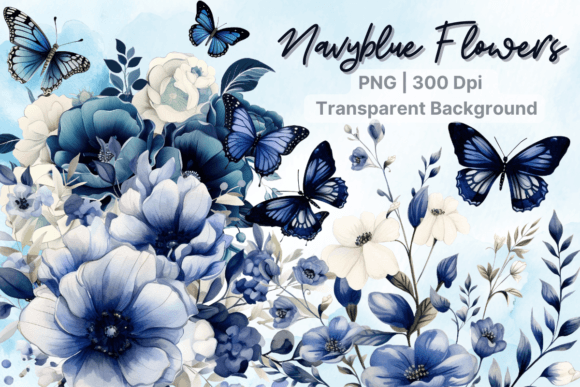 Navy Blue Flower, Watercolor Butterfly Graphics
