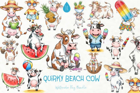 Summer Quirky Beach Cow PNG Clipart: Graphics & Illustrations