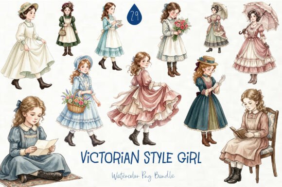 Victorian Style Girl Illustrations PNG: Editorial Graphics & Design Assets