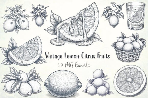 Vintage Lemon Citrus Fruits Clipart: Graphics & Illustrations for Brand Warmth