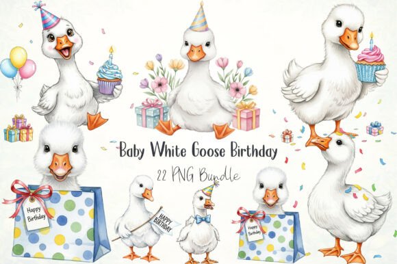 Watercolor Baby White Goose Birthday PNG Graphics