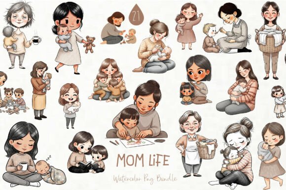 Watercolor Mom Life Clipart Bundle: Graphics & Illustrations
