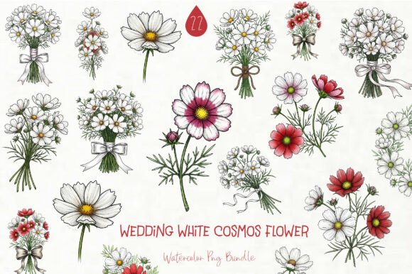 Wedding White Cosmos Flower Clipart: Graphics & Illustrations for Elegant Branding