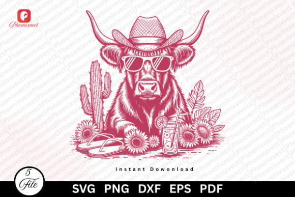 Western Cowgirl Summer Highland Cow SVG Graphics
