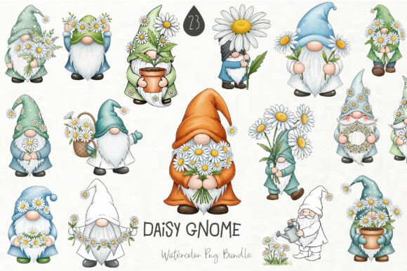 Whimsical Daisy Gnome Clipart: Graphics & Illustrations for Local Branding