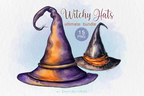 Witch Hat Watercolor PNG Clipart Bundle: Graphics & Illustrations